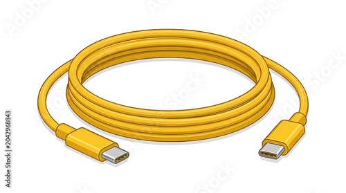 Modern yellow USB charging cable isolated on white background. Technology accessory concept suitable for smartphones, electronic devices, charging systems, and gadget themes.