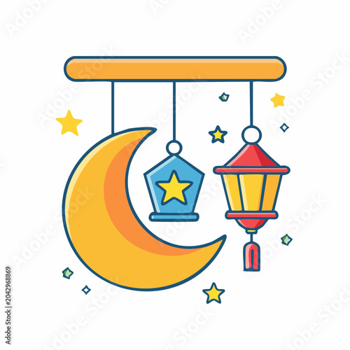 Ramadan Crescent Moon and Lanterns Illustration