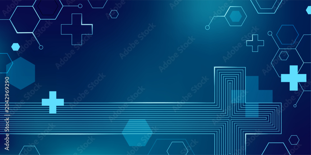 Fototapeta premium Medical vector background with hexagon pattern and abstract technology elements. Modern healthcare banner with geometric network design for scientific research and digital medicine presentations