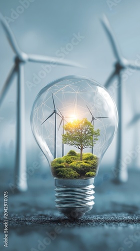 A glass sphere holding a thriving, small biosphere complete with trees and wind turbines, representing clean energy and environmental sustainability.