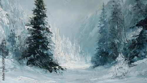 Snowy landscape with trees and mountain view during winter season in a remote location