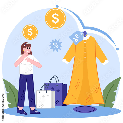 Foto Woman declining expensive clothing purchase due to high price tag and sale perce