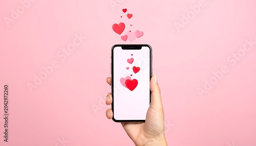 A hand holding a smartphone with hearts on the screen