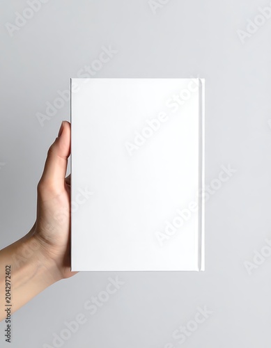 A hand holding a white rectangular object against a gray background