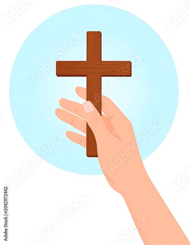 A hand holding brown cross in front of light blue circle