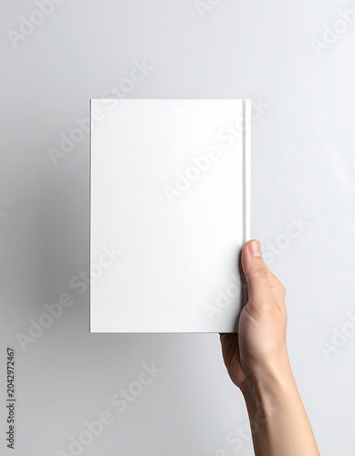 A hand holds a blank white book against a plain background
