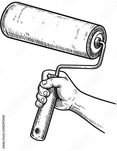 A hand holds a paint roller