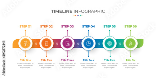 Timeline infographic business presentation template. Journey infographic elements with 6 circle arrow steps, six number options. Editable vector template.