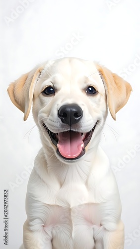A happy yellow labrador puppy with its mouth open