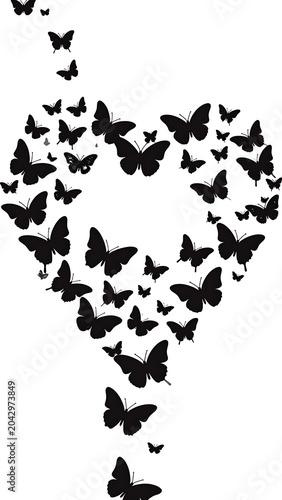 A heart shape formed by many black butterflies on white