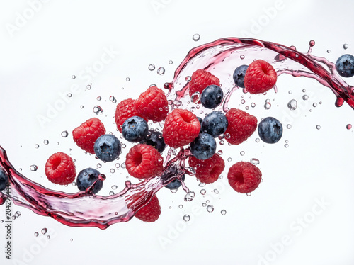 Juicy red raspberries and blueberries splashing in red liquid with water droplets