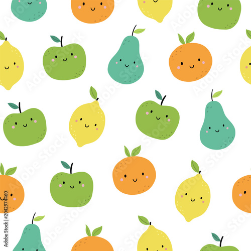 Cute seamless pattern with fun fruits. Vector illustration on a white background
