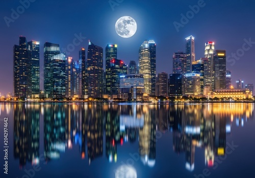 Modern city skyline at night with a bright full moon reflecting in the calm water of the bay