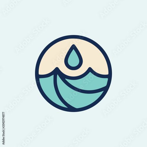 Smiling ocean wave icon with water droplet in circular badge for environmental awareness