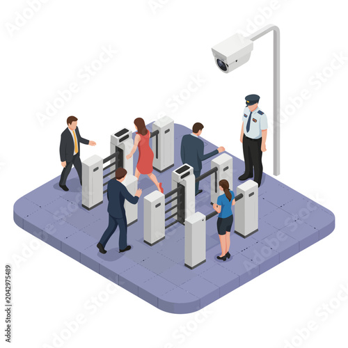 security checkpoint 3d illustration turnstile camera officer