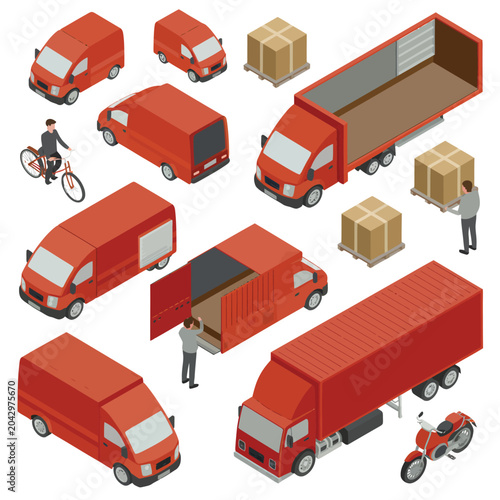 delivery vehicles isometric illustration truck van motorcycle