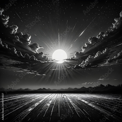 Dark abstract black and white synthwave grid floor texture background