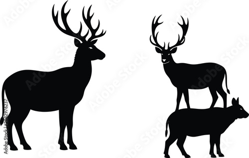 Deer and Boar Silhouettes Isolated on White Background