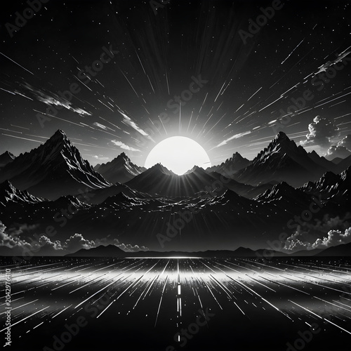 Dark abstract black and white synthwave grid floor texture background
