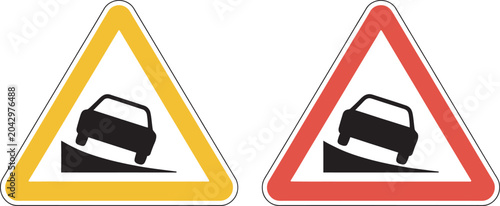 Quadro su tela Slippery road warning sign icon set featuring skidding car symbols isolated vector pack representing wet surface danger, driving caution and accident prevention signage visuals