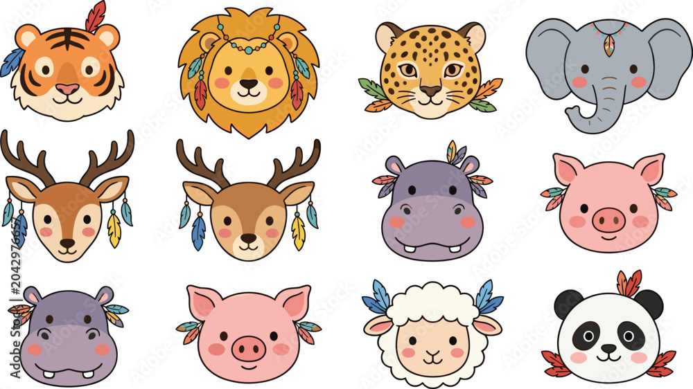 Obraz premium Cute Boho Animal Faces Collection Featuring Tiger Lion Leopard Elephant Deer Hippo Pig Sheep and Panda Cartoon Portraits
