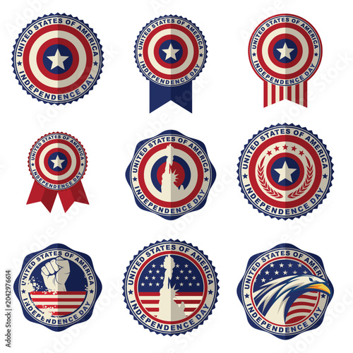 USA Independence Day Emblem Set – Vintage Badge & Ribbon Vector Collection