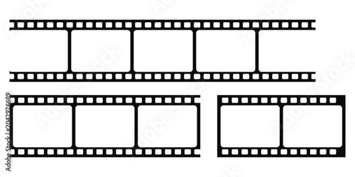 Movie film strip vector illustration featuring blank cinema negative photo frame template in black solid silhouette
 style for video editing design.