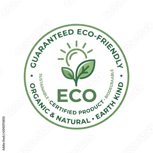Circular eco guarantee seal with leaf and sun design promoting natural eco friendly products.

