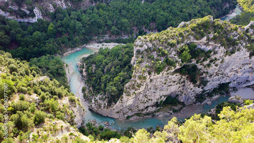 Verdon Gorges river winding through its green valley, Alpes-de-Haute-Provence, France, Europe. 