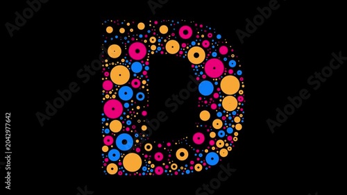 Letter D colorful dots blue yellow and red bubbling on black background letter animation