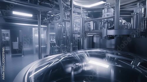 Modern pharmaceutical production facility with stainless steel tanks, complex piping and automated systems, showcasing sterile, high tech manufacturing for medicines and biopharmaceuticals