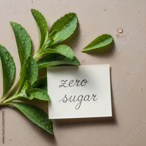 Fresh stevia leaves with water droplets next to a note with the text zero sugar on a light beige background