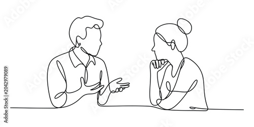 Man and woman talking together one line art drawing