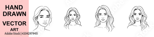 Konstfotografi Elegant Female Portrait Vector Illustration with Flowing Hair Beauty Face Line D