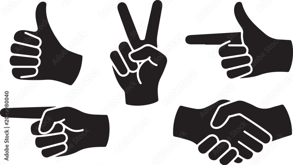 Fototapeta premium Set of black hand gesture icons, including thumbs up, victory sign, pointing finger, and handshake, vector illustration