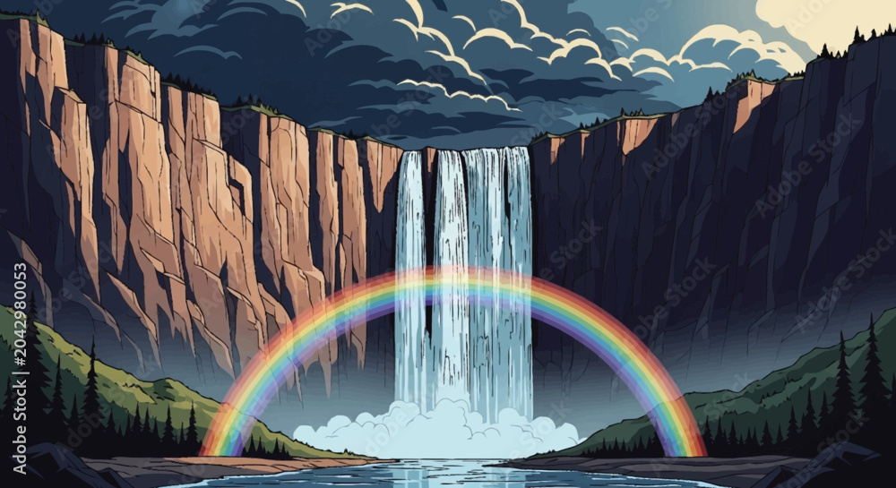 Fototapeta premium Vibrant rainbow appears under waterfall in mountainous landscape illustration