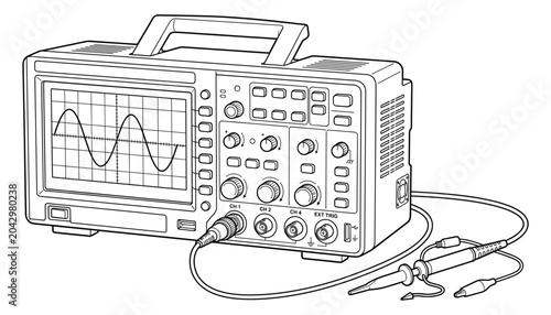 Digital oscilloscope electronic test instrument vector illustration for lab measurement device data.