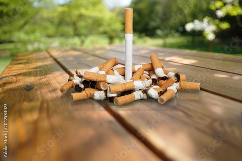 Fotografija Cigarette standing upright on a pile of discarded butts on a wooden garden table