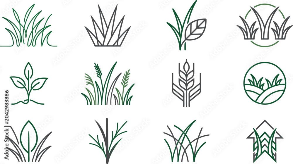 Fototapeta premium Grass and Lawn Care Line Logo Icon Set Featuring Minimalist Botanical Tufts Sprout Wheat Stalks and Landscape Circles for Landscaping Gardening Branding
