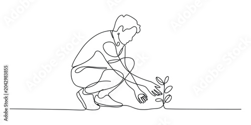 Man planting a small sprout in the ground line art