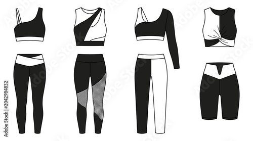 Vector set of women's sportswear for yoga and running. Black and white asymmetrical design leggings, crop tops and biker shorts. Technical drawing sketch on transparent background, front view.