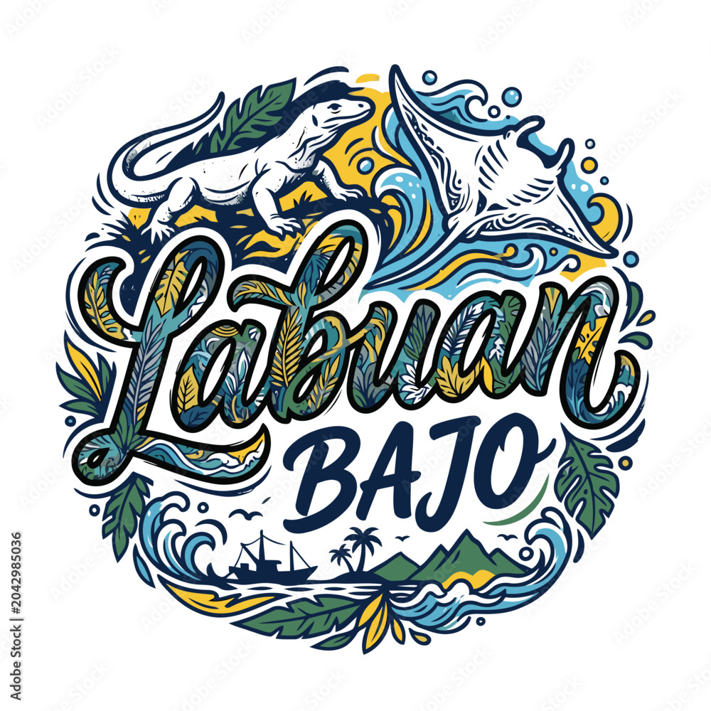 Obraz premium Vector graphic image of Komodo dragon and stingray Labuan Bajo
