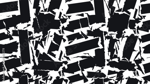 Seamless pattern of torn paper strips and jagged fragments in black and white, grunge collage style