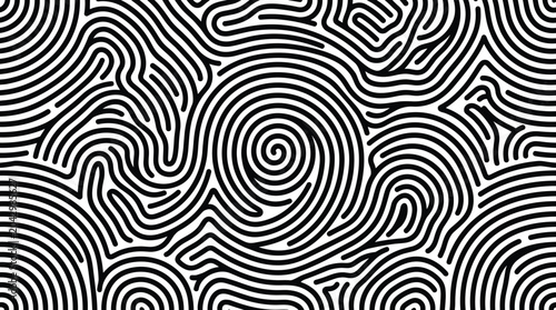 Abstract seamless pattern with swirling black lines creating a maze or fingerprint effect on a white background for