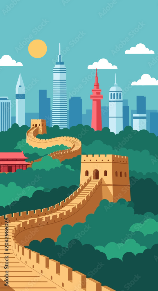 Naklejka premium Great Wall of China meets modern city skyline illustration