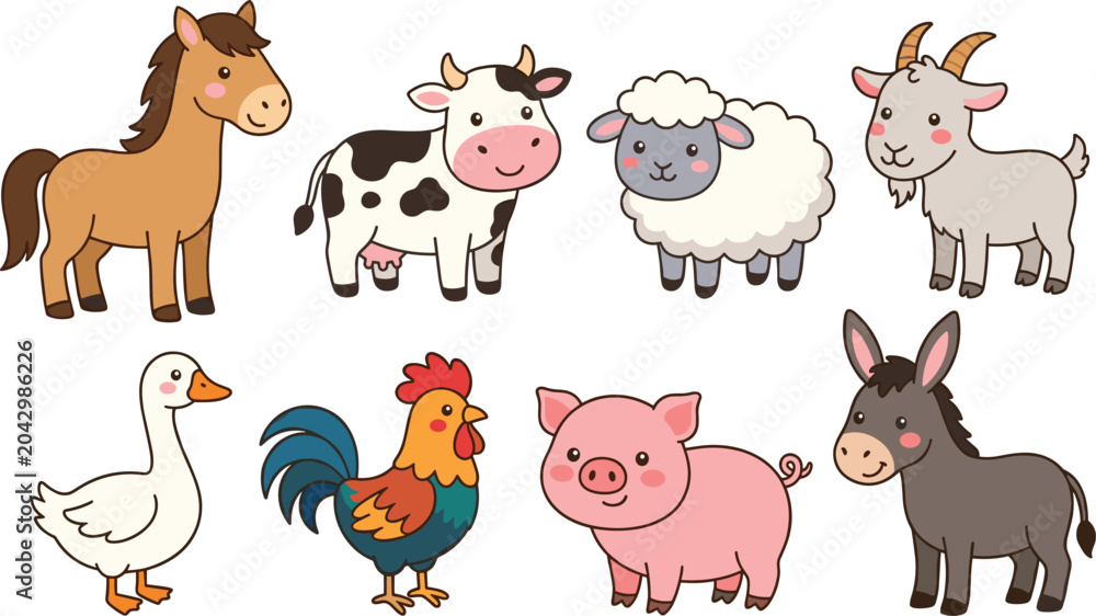 Fototapeta premium Cute Farm Animal Cartoon Collection Featuring Horse Cow Sheep Goat Goose Rooster Pig and Donkey Characters Vector Illustration