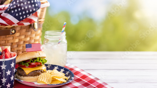 American flag picnic with hamburger, drink and copy space on nature background. Independence Day celebration concept.