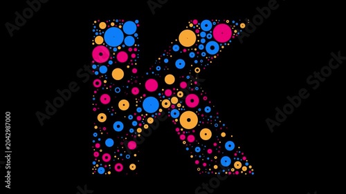 Letter K colorful dots blue yellow and red bubbling on black background letter animation