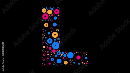 Letter L colorful dots blue yellow and red bubbling on black background letter animation