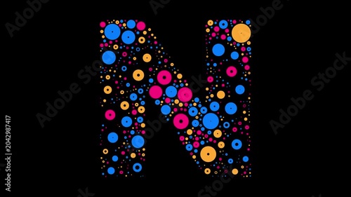 Letter N colorful dots blue yellow and red bubbling on black background letter animation